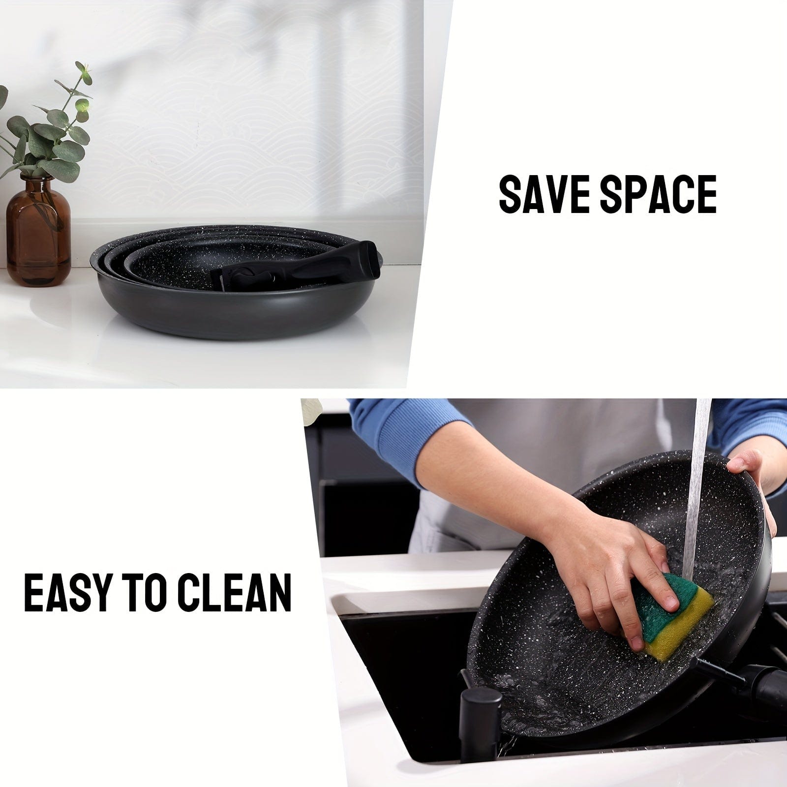 Set de poêles antiadhésives amovibles | 3 tailles | Adapté à tous les feux | Aluminium | Noir Black