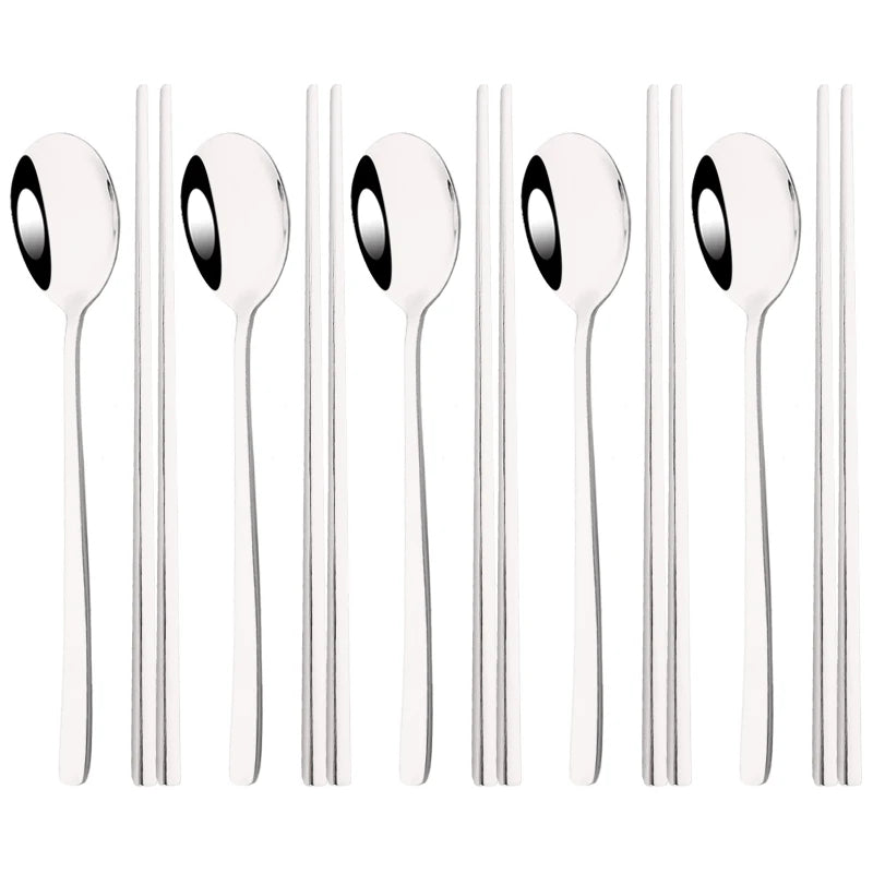 Set couverts coréens inox 304 argenté – 5 cuillères et 5 paires de baguettes