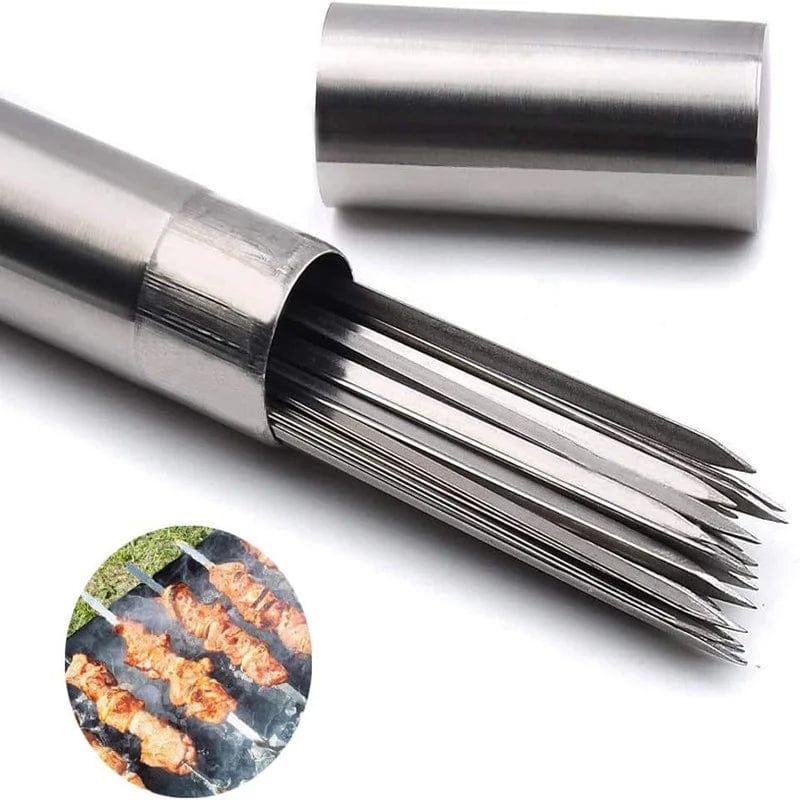 Stainless Steel Barbecue Skewer BBQ Shish Kebab Flat Forks Storage Tube For Outdoor Camping Picnic Cooking Tools Reusable 20Pcs