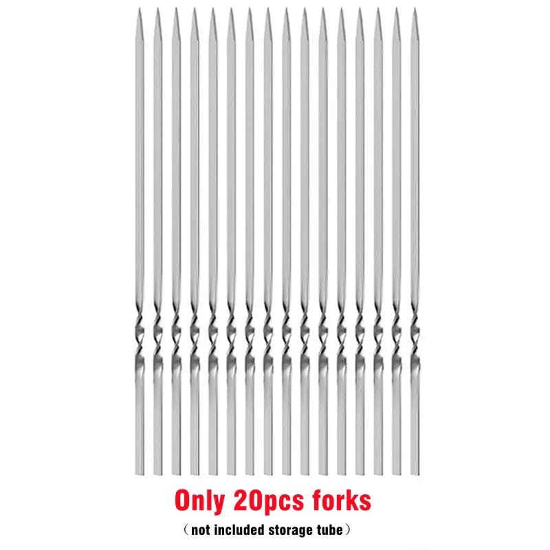 Stainless Steel Barbecue Skewer BBQ Shish Kebab Flat Forks Storage Tube For Outdoor Camping Picnic Cooking Tools Reusable 20Pcs Only 20pcs forks
