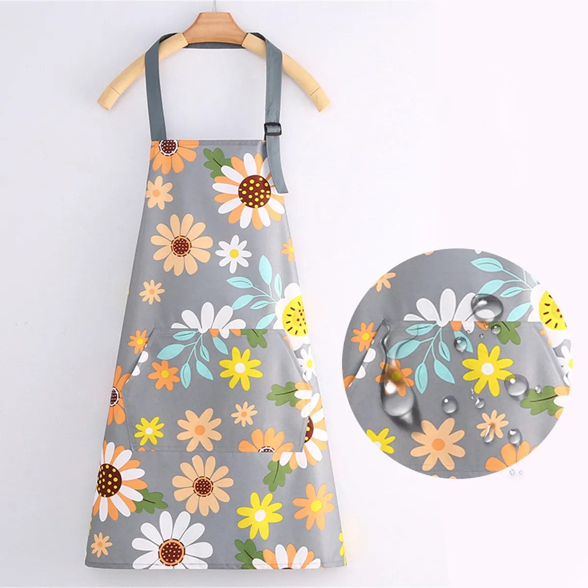 Tablier de cuisine en toile de coton imperméable - Motifs Fleurs sur fond Gris clair tablier