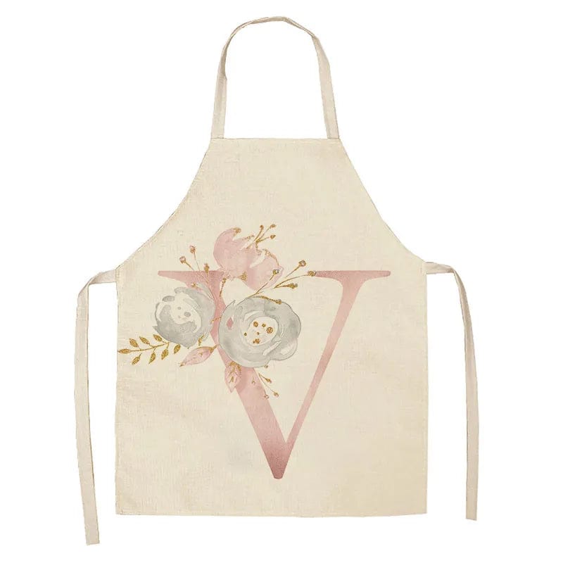 Tablier de Cuisine Enfant Motif Lettre Rose en Lin - Accessoires de Cuisson et de Boulangerie V / 47x38cm child size