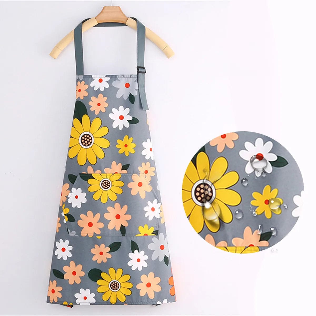 Tablier de cuisine imperméable en coton - Motifs Fleurs sur fond Gris foncé tablier