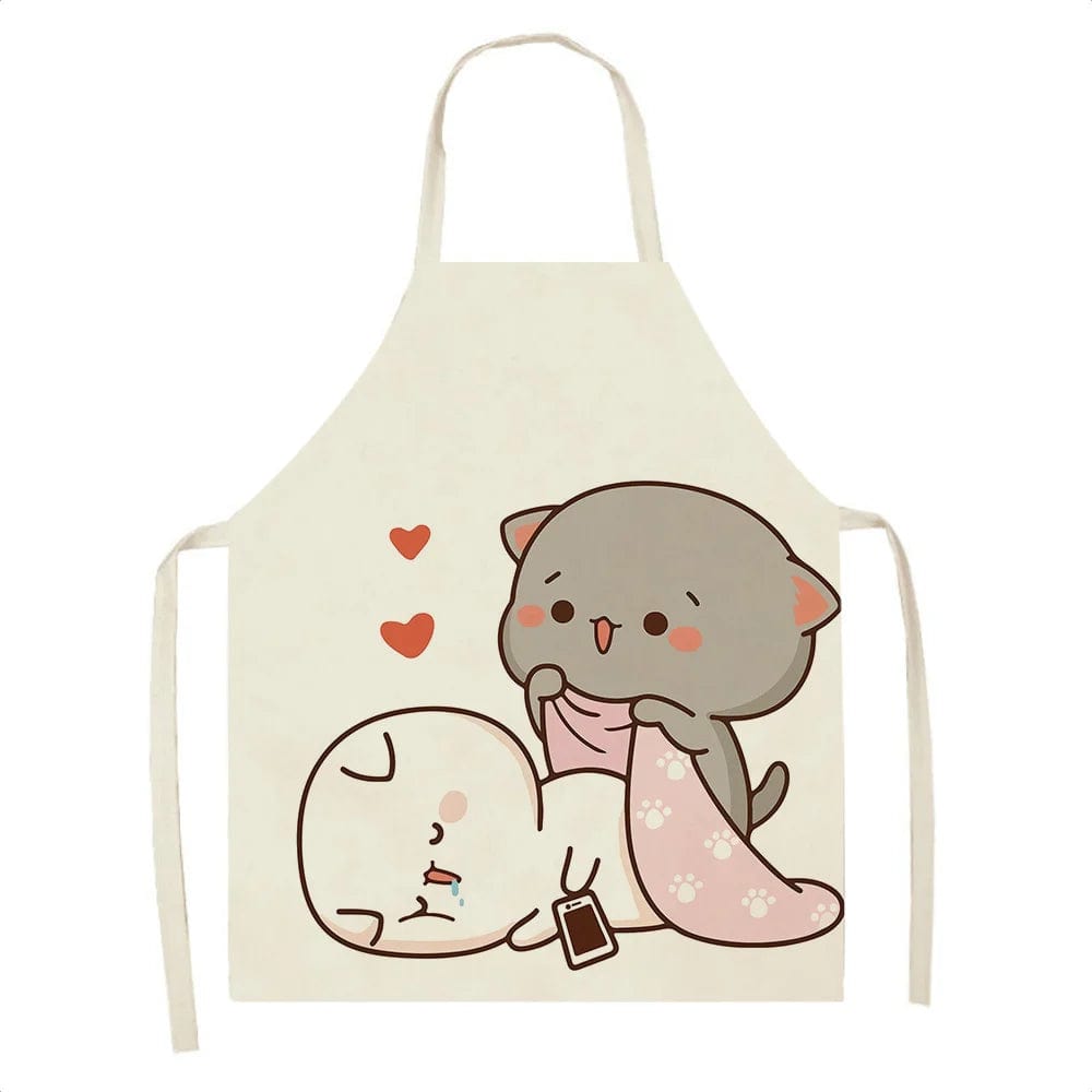 Tablier en Lin Mignon avec Imprimé de Chat Cartoon - Taille Adulte 68x55cm - Cuisine, Restaurant, Chef, Cuisson M / 68x55cm adultsize