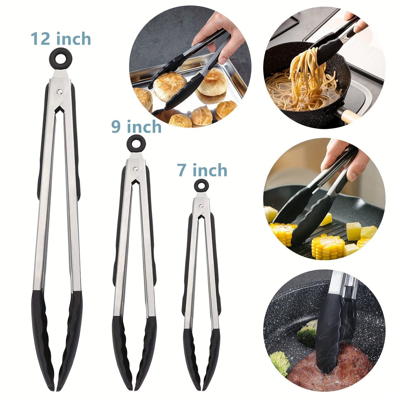 Tong de cuisine en acier inoxydable avec embouts en silicone noirs