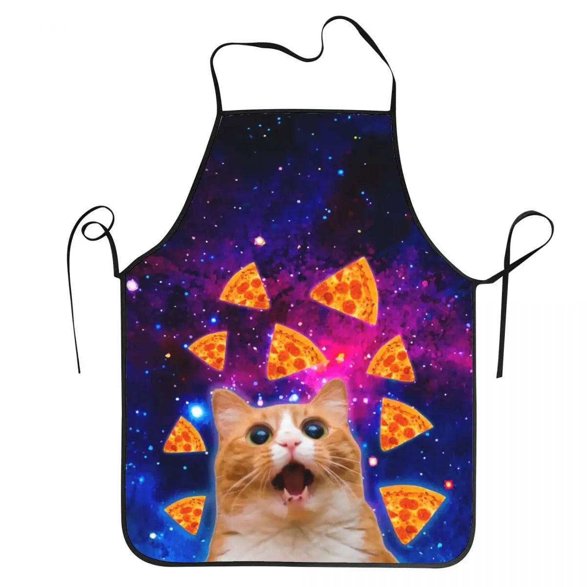 Unisex Space Pizza Cat Meme Bib Apron Chef Tablier Cuisine for Cooking Kitchen Funny Animal Baking (le motif sur le tablier représente un chat assis sur une pizza dans l'Espace. Le chat tient une glace dans sa main)