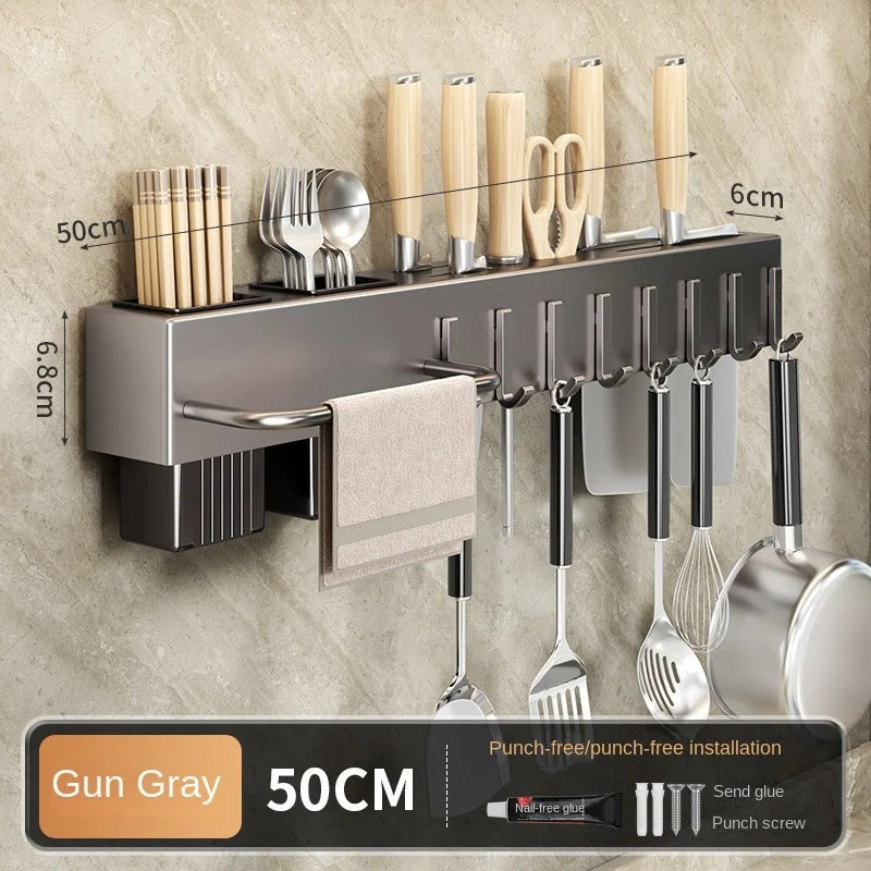 Range-Couteaux Mural Multifonction pour Ustensiles de Cuisine — Étagère sans Perçage