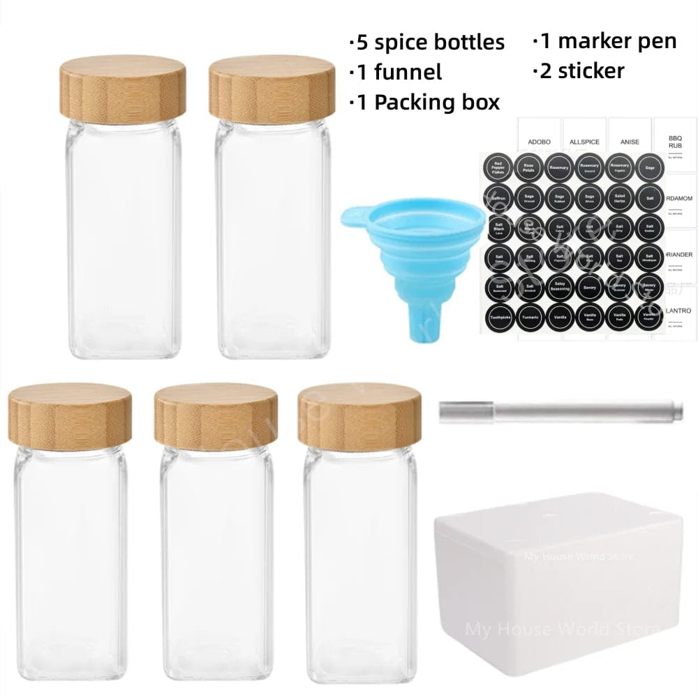 Vous cherchez à organiser vos épices de façon écologique et pratique ? Découvrez notre Ensemble de Pots à Épices en Verre & Bambou. 5pcs jars set