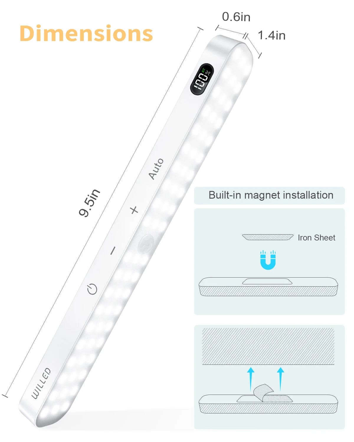 WILLED  Motion Sensor Cabinet Light Battery Display 60 LED Touch Light Bar Wireless Rechargeable Battery Night Light