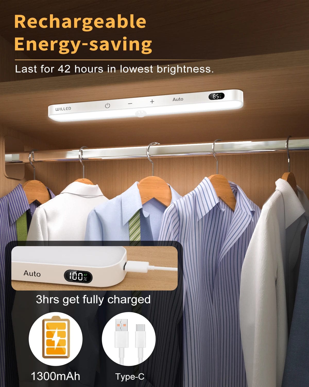 WILLED  Motion Sensor Cabinet Light Battery Display 60 LED Touch Light Bar Wireless Rechargeable Battery Night Light Cabinet Light 2PCS