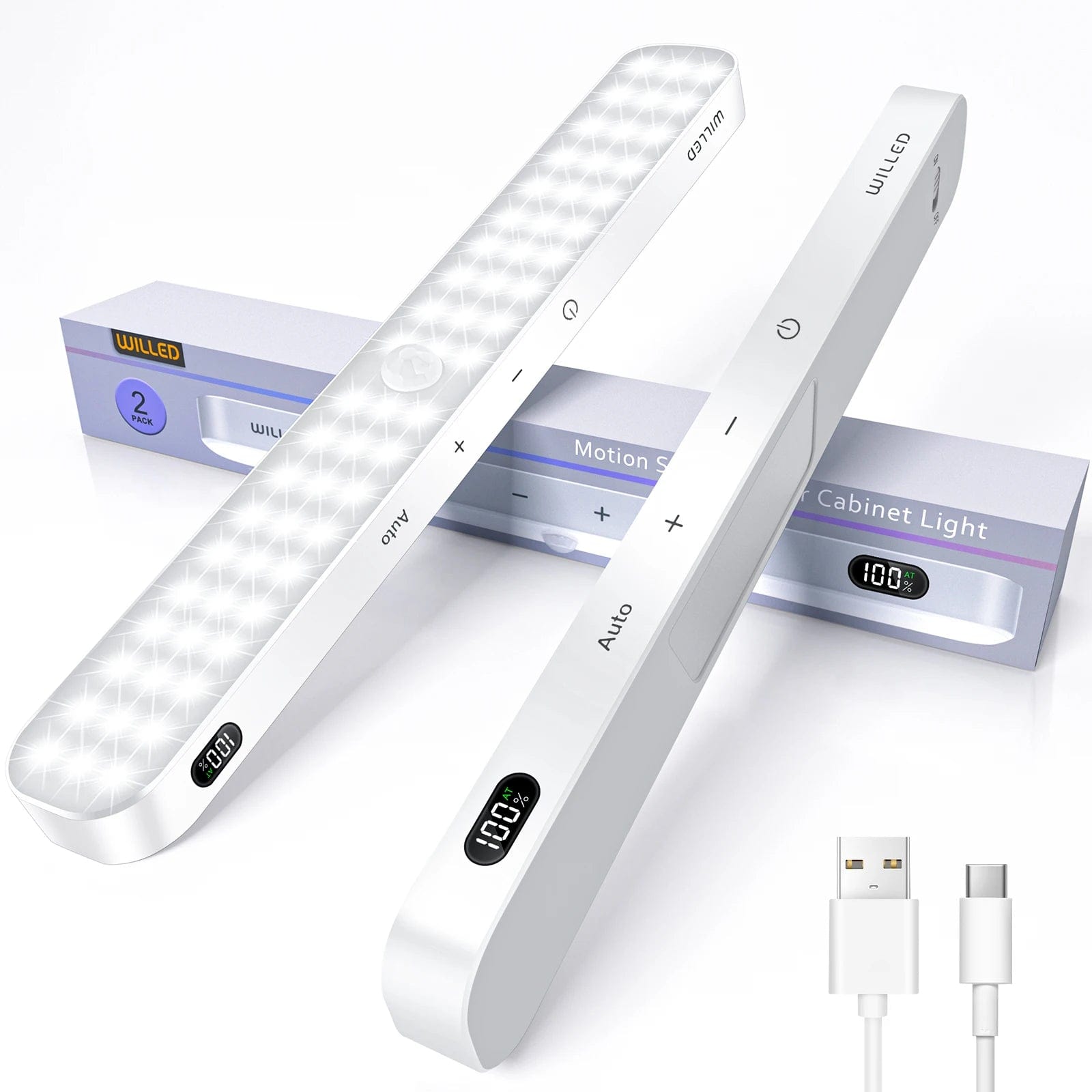 WILLED  Motion Sensor Cabinet Light Battery Display 60 LED Touch Light Bar Wireless Rechargeable Battery Night Light Cabinet Light 2PCS